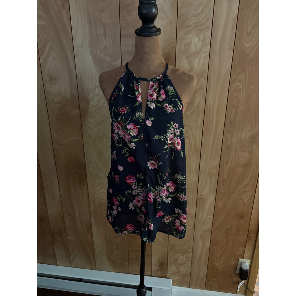 Japna Women Navy Floral Halter Keyhole‎ Neck Blouse Tassel Tie Tank Top Medium